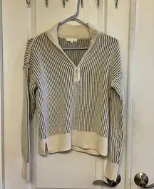 Gray and Cream V-Neck Sweater with Ribbed Texture