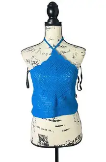 MNG Mango SZ S blue crochet halter cropped top