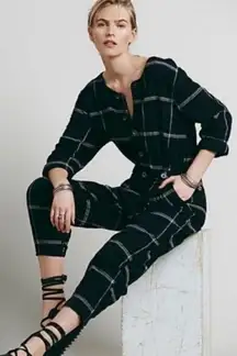 FREE PEOPLE Keep It In Check Black Plaid Baggy pant one piece jogger Jumpsuit xs
