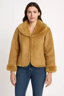 NWT Mixit Retro Faux Suede Fur large shawl collar Jacket coat Camel Brown large