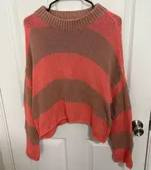 Aerie Coral Pink and Tan Striped Knit Oversized Sweater