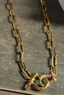 Gold Paperclip Chain Necklace with Colorful Gemstoned carabiner