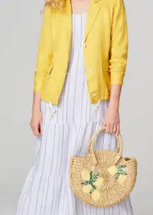 J. Jill Natural Woven‎ Straw Bag Lemon Embroidered Straw Tote Purse Market Round