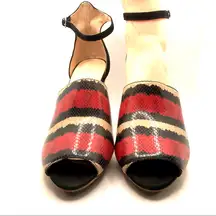 LOEFFLER RANDALL "ROSIE" RED, BLACK & CREAM LEATHER PLATFORM HEELS (9B)