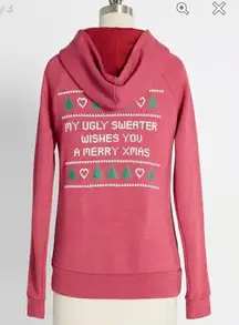Modcloth Next Level Love My Ugly Christmas Sweater Zip Hoodie Sweatahirt Red L