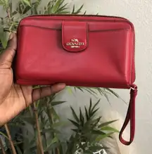 Coach Leather Large Zip Wallet Cardholder Wristlet Strap Clutch Purse Bag Red Pocket Phone Holder. Measurement in pics