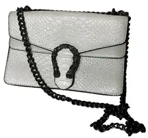 Ivory Faux Leather Crossbody Flap Chain Strap Horseshoe Clasp Crocodile Purse