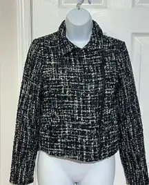 Express Black White Blue Metallic Sparkle Tweed Moto Jacket Coat Size Small