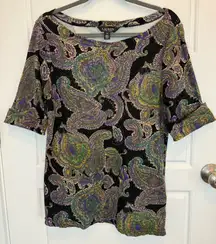 Ralph Lauren LRL Top Sz LARGE Black Purple Paisley Boat Neck Cotton Knit EUC