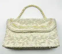 Vintage Ivory Silk Bead Sequin Double Flap Evening Top Handle Bag Hong Kong