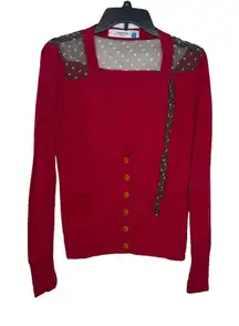 Sparrow‎ Anthropologie Women Cardigan Sweater Chiffon Bow Polka Dot Red Size XS