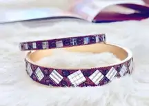 Gorgeous & Sparkly Rose Gold Bangles Red w/Unique Silver Baguettes Bracelet Set