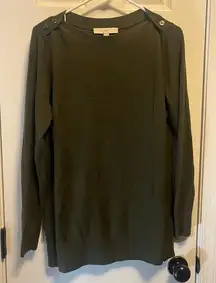 Loft Women's sweater Long Sleeves Olive Green 2 Buttons on shoulder crewneck M