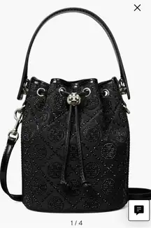 Tory Burch Mini T-Monogram Hot Fix Jacquard Top Handle Bucket In Black New