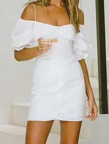 SABO Blanca Mini Dress Off Shoulder Puff Sleeve Linen Blend White Womens Size S