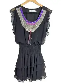 Tbags Los Angeles Mini Dress Bohemian Gypsy Black Ruffle Detailed Size XS