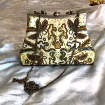 Vintage beaded embellished gold crossbody handbag with gold metal handle