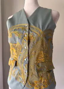 Soda Original Dusk Blue & Gold Embroidered V-Neck Button Down Vest
