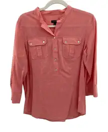 Talbots Popover Top Womens Small Peach Cotton Roll‎ Tab Sleeves Mandarin Collar