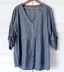 J.Jill  Womens Chambray Button Up Tunic Top Large Blue Roll Tab Sleeves Pintuck