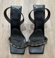 GIVENCHY	Black G Gold Logo Open Toe Woven Strap Leather Slingback Sandal Heel 39