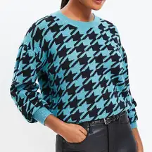 ANN TAYLOR LOFT Petites Houndstooth Sweater Teal Blue Black Drop Shoulder PETITE