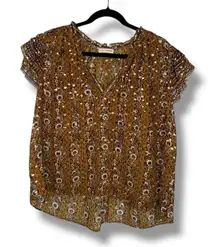 Ulla Johnson Silk Blend Blouse Size 12 Floral Print Gold Accents Top