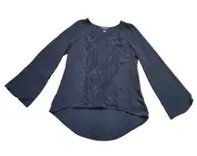 I.N. Studio Blouse Women Medium Shirt Long Sleeve Black Lace High Low Top Flowy