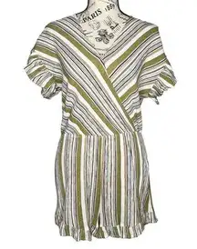 umgee MEDIUM Faux Wrap Ruffle Sleeve Hem Elastic Waist Striped V Neck Romper