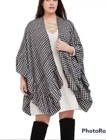 TORRID one size gingham red stripe ruana black white ruffled edges acrylic nwt