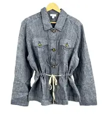 J. Jill Love Linen Jacket Blue Chambray Button Front Drawstring Summer Large