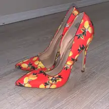 JustFab Margaux Lemon Citrus Print Heels Vibrant Orange