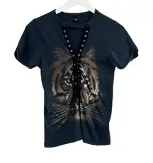 Windsor V Neck Lace Up Tiger Short Sleeve Shirt XS