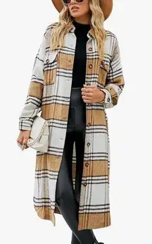 Himosyber Women's Casual Plaid Long Shacket Coat Tan Size Medium NWT NEW