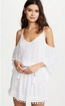 ELLA MOSS White Open Shoulder Dress Coverup Pom Pom Trim Beach Mini Dress SIZE S