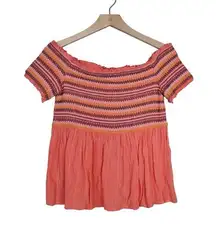 Coco + Jamieson Women's L Striped Coral Smocked Off-Shoulder Top