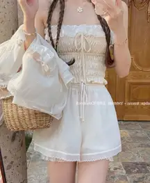 Cream White Lace Ribbon Bow French Romantic Cottagecore Ballet Crop Top