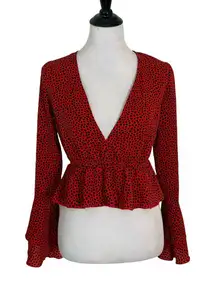 Nasty Gal Deep V Neck Top Size 2 Red Peplum Ruffle Long Sleeve Romantic Feminine