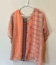 2/$12 Dana Buchman Women’s Orange Peach Geometric Fall Boho Layered Sheer Top  L