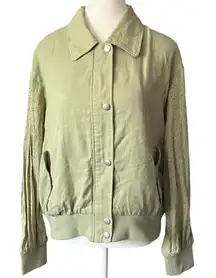 Avec Les Filles Women's M‎ Light Green Bomber Jacket Embroidered Eyelet Sleeves