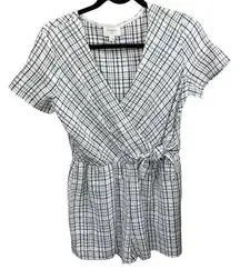 Everly Black White Plaid Short Romper Side Tie Crossed V-Neck Size S Small