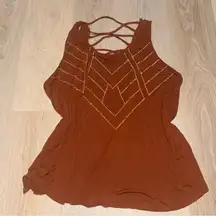 Apt. 9 Boho Brown Tank Top with Beads & Criss Cross Back - Size XL