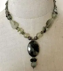 moss agate prehnite sterling silver beaded pendant necklace