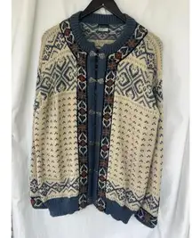 VTG 90s Dale of Norway Snowday Cardigan Sweater Wool Ski Fair Isle Blue Clasps