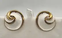 Vintage Crown  - Round White Enamel Swirl - Clip On Earrings Signed