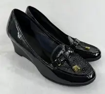 Lauren‎ Ralph Lauren Black Patent Leather Wedge Loafers with Gold Accents 8 READ