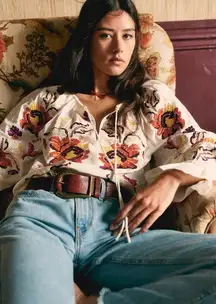 Sezane BERTILLE BLOUSE floral embroidered long sleeve tie neck