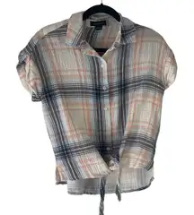 Sanctuary Women's Size Small Blue Pink Plaid Button Up Gauze Short‎ Sleeve Tie