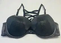 Cacique Seriously Sexy‎ Silver Glitter Black Lace Boost Plunge Bra Plus Size 46D