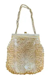 Vintage ivory sequined beaded evening bag gold kisslock chain strap glam retro